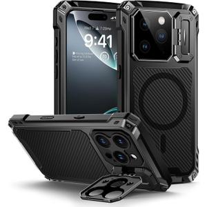 Lanhiem for iPhone 16 Pro Max Metal Case with Camera Cover & Stand [Compatible with MagSafe] [Built-in Kickstand] [Military-Grade Protection] Heavy Duty Rugged Magnetic Phone Case, Black