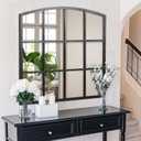 Hand-Forged Black Window Pane Mirror, 36 Inch Wide Window Mirror, Metal Frame Arched Decorative Mirrors, Antique Grid Wall Mirrors for Living Room, Bedroom, Entryway