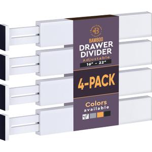 4 Pack Drawer Dividers Bamboo 2.6" High, 16-22" Adjustable Drawer Organizers for Clothes, Expandable Dresser Separators in Bedroom/Bathroom/Kitchen/Office Organization and Storage (White)