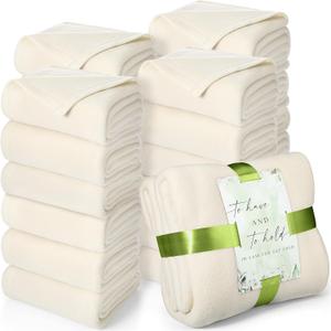 Buryeah 24 Pack Oeko-Tex Certified Wedding Flannel Throw Blanket Bulk 50 x 60 Inch Soft Fleece Lap Blanket with Thank You Cards Ribbon for Guests Sleepover Spa Slumber Gifts (Cream White)