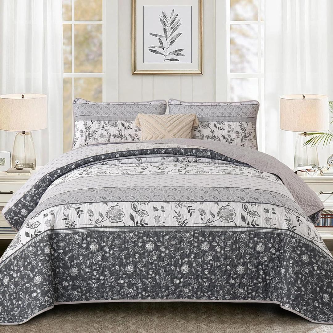 WONGS BEDDING Boho Floral Quilt Set King Size, Grey Striped Patchwork Bedspread Coverlet Set, Soft Farmhouse Floral Bedding Set for All Season (104"x90")