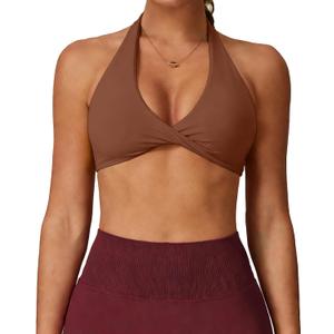 Halter Sports Bras for Women Padded Open Back V Neck Yoga Bra Workout Crop Tank Top Sexy Gym Bra Low Impact (Large, Brown)