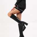 Wetviro Platform Knee High Boots for Women Chunky High Heel Gogo Boots Square Toe Stretchy Long Tall Boots (not for wide calf), 7.5
