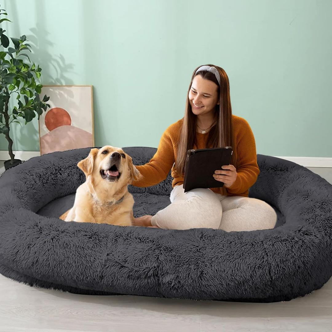 JOLLYVOGUE Human Dog Bed for Adults and Pets, Ultra-Soft Plush Giant Dog Bed with Egg Crate Foam, Non-Slip Base, and Machine Washable Cover - Ideal for Relaxation and Napping, Dark Grey (64")