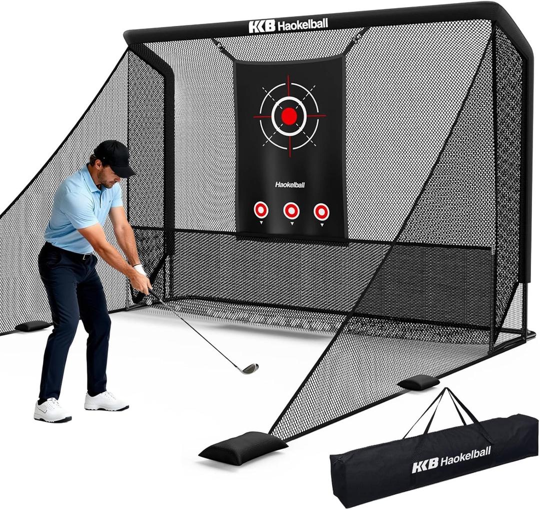 Haokelball Golf Practice Hitting Net for Driving Real Balls, 10x8ft Heavy Duty Netting for Indoor Outdoor with Side Barriers, Ball Return & Collection System, Silent Impact Target and Carry Bag
