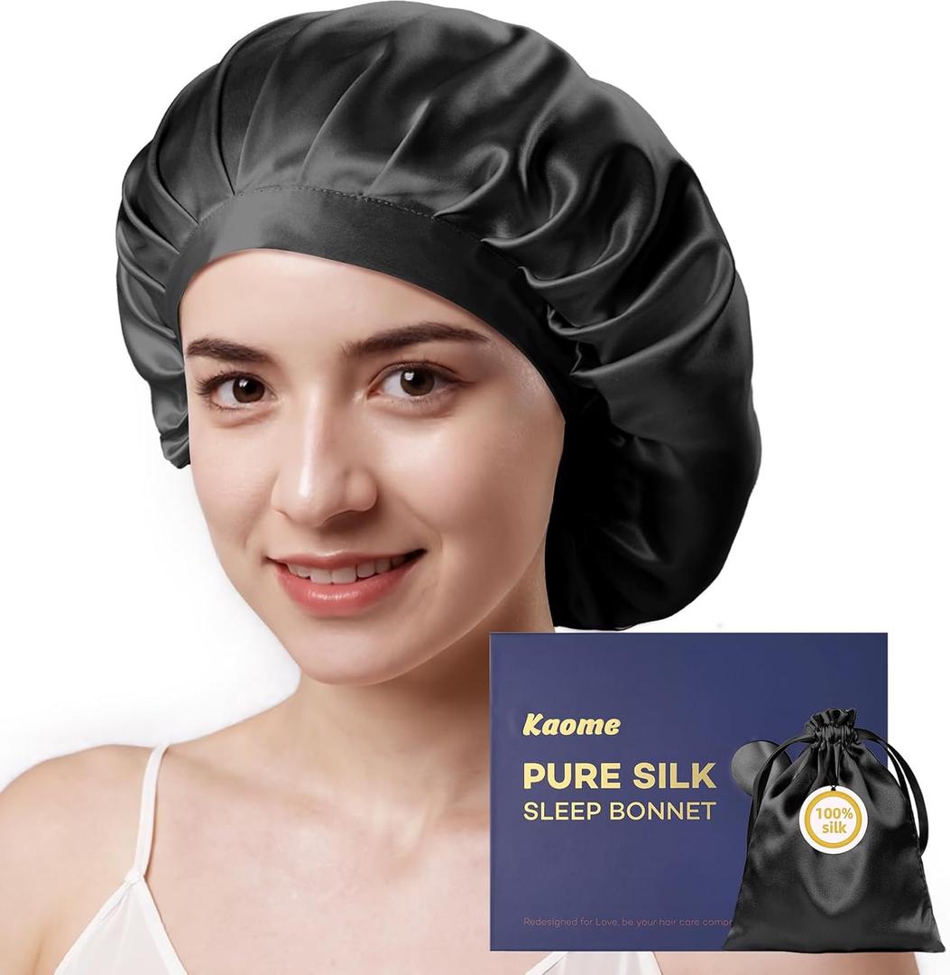 Kaome 100% Mulberry Silk Bonnet for Sleeping Women, 22 Momme Double Layer Silk Hair Wrap, Non-Slip Sleep Cap with Adjustable (Black)