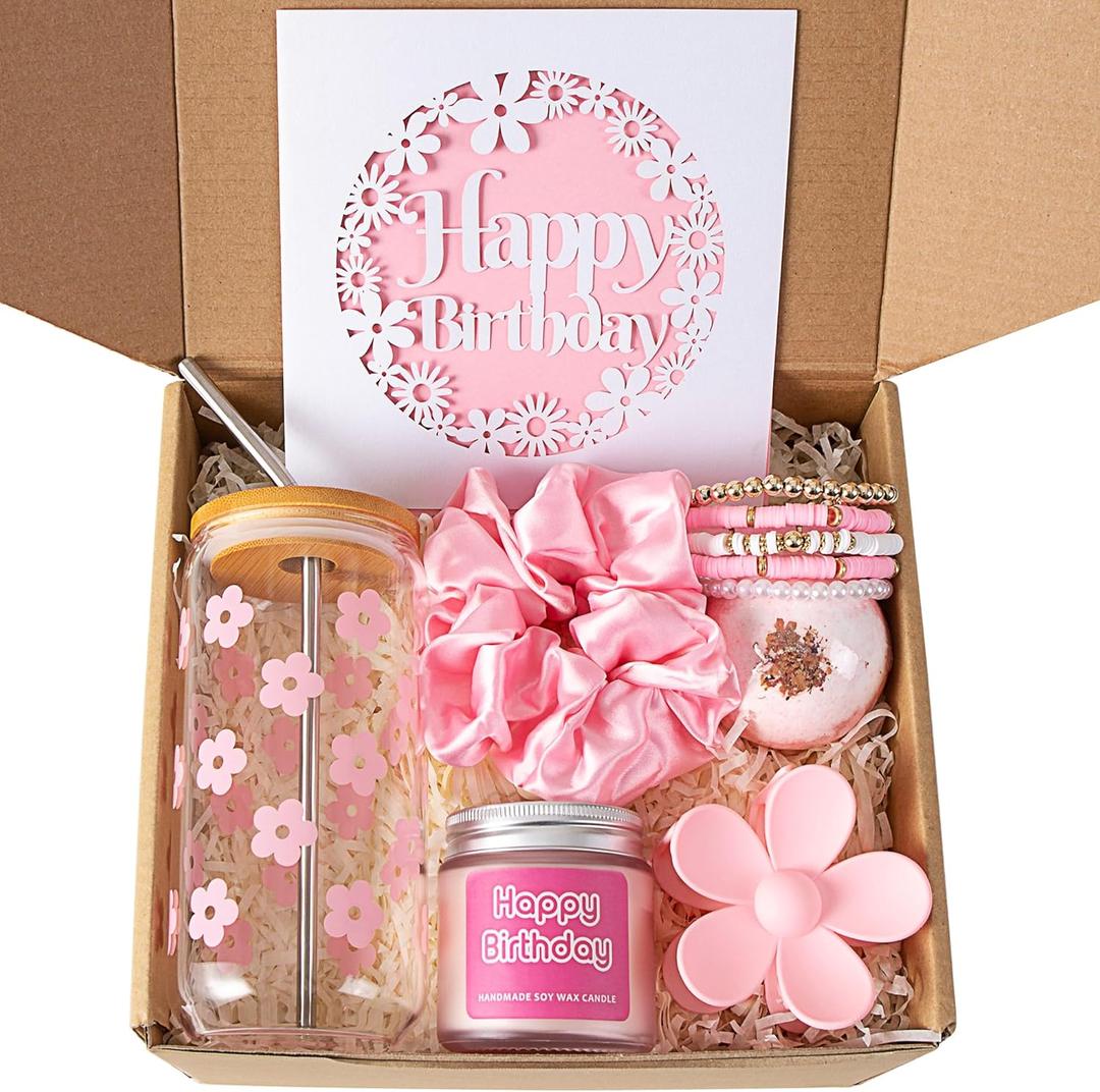 Birthday Gifts For Women, Teen Girl, Her, Happy Birthday Gift Box For Girl, Women, Sister, Daughter, Friends, Cute Daisy Aesthetic Glass Cups Gift Set 7pcs (Light Pink)