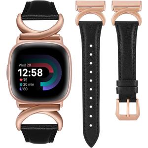 Minyee Leather Bands Compatible with Fitbit Versa 4/Versa 3/Fitbit Sense 2/Sense Band Women, Slim Thin Dressy Designer Premium Leather Strap with C-Shape Metal Buckle for Versa 3 4 Sense 2 Smartwatch