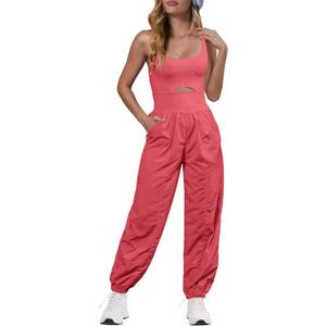 Panadila Womens Workout Onesie Athletic Romper One Piece Jumpsuits Backless Tops Hiking Pants with Pockets (Small, Watermelon Red)
