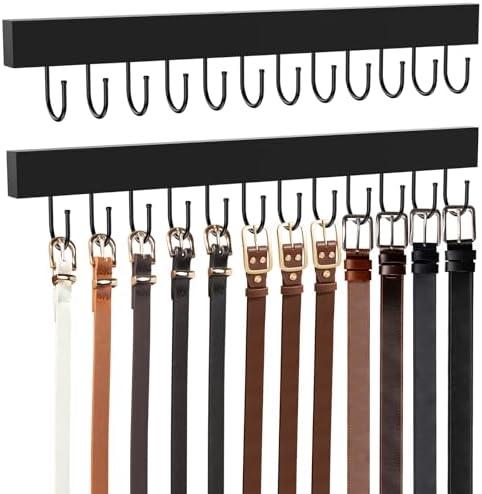 HOMEBROS Belt Hanger Wall Mount, Wooden Closet Belt Organizer with 24 Metal Hooks, Large Capacity, Black, 2 Pcs