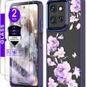 for Motorola Moto G Power 5G 2025 Case+Tempered Glass Screen Protector, Military Grade Protective Slim Soft TPU+Hard PC,Girls Women Crystal Clear Flower Pattern Case Cover (Deep Purple), Pack of 2