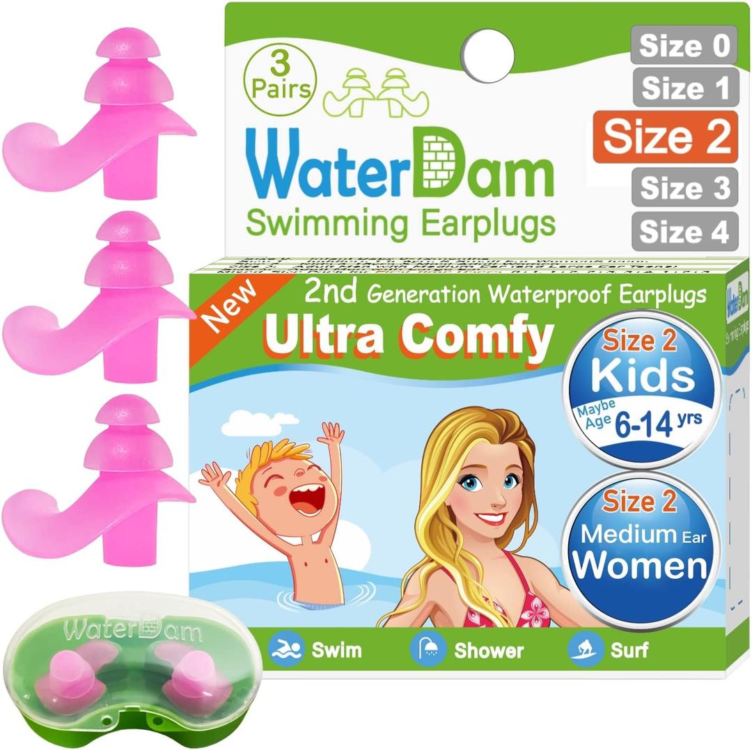 WaterDam Swimming Ear Plugs Great Waterproof Ultra Comfy Earplugs Prevent Swimmer's Ear (Size 2: 6-14yrs Kids Teens Medium Ear Women Small Ear Men (3 Pairs Pink))