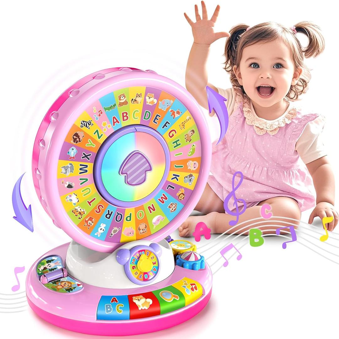 Learning Toy for 1 2 3 Year Old Girls, Spin and Sing Alphabet Zoo with Sounds, Interactive Educational Toys for Toddlers 1-3, Christmas 1st Birthday Gifts for Baby Girls Boys 9-12-18 Months (Pink)