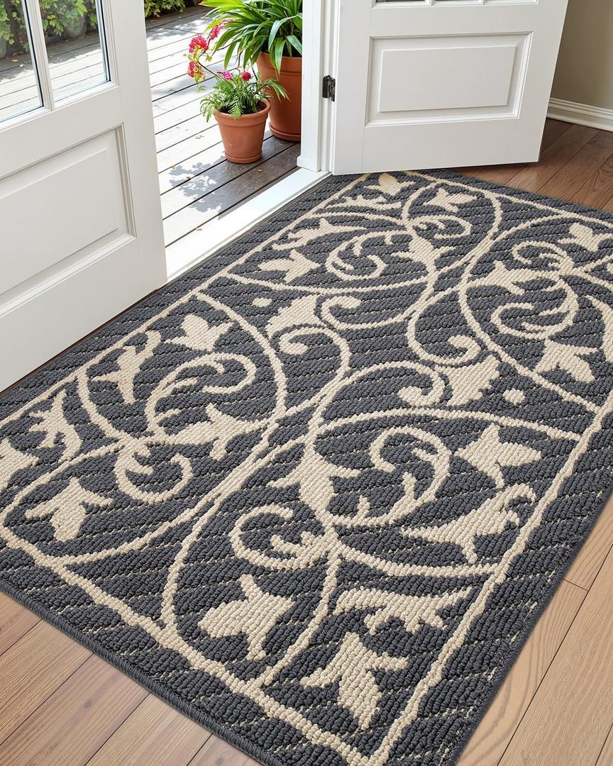 DEXI Front Door Mat Entryway, Inside Welcome Entrance Doormat Low Profile Thin, Non Slip Washable Entry Mats for House Floor Dirt Trapper, 32x48, Dark Gray