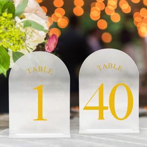 JOYIT Frosted Arch Wedding Table Numbers 1-40 with Stands  5" X 7" Acrylic Gold Table Number Holders, Perfect for Wedding Receptions, Parties, Anniversaries, and Events JOYIT Frosted Arch Wedding Table Numbers 1-40 with Stands  5" X 7" Acrylic Gold Table Number Holders, Perfect for Wedding Receptions, Parties, Anniversaries, and Events