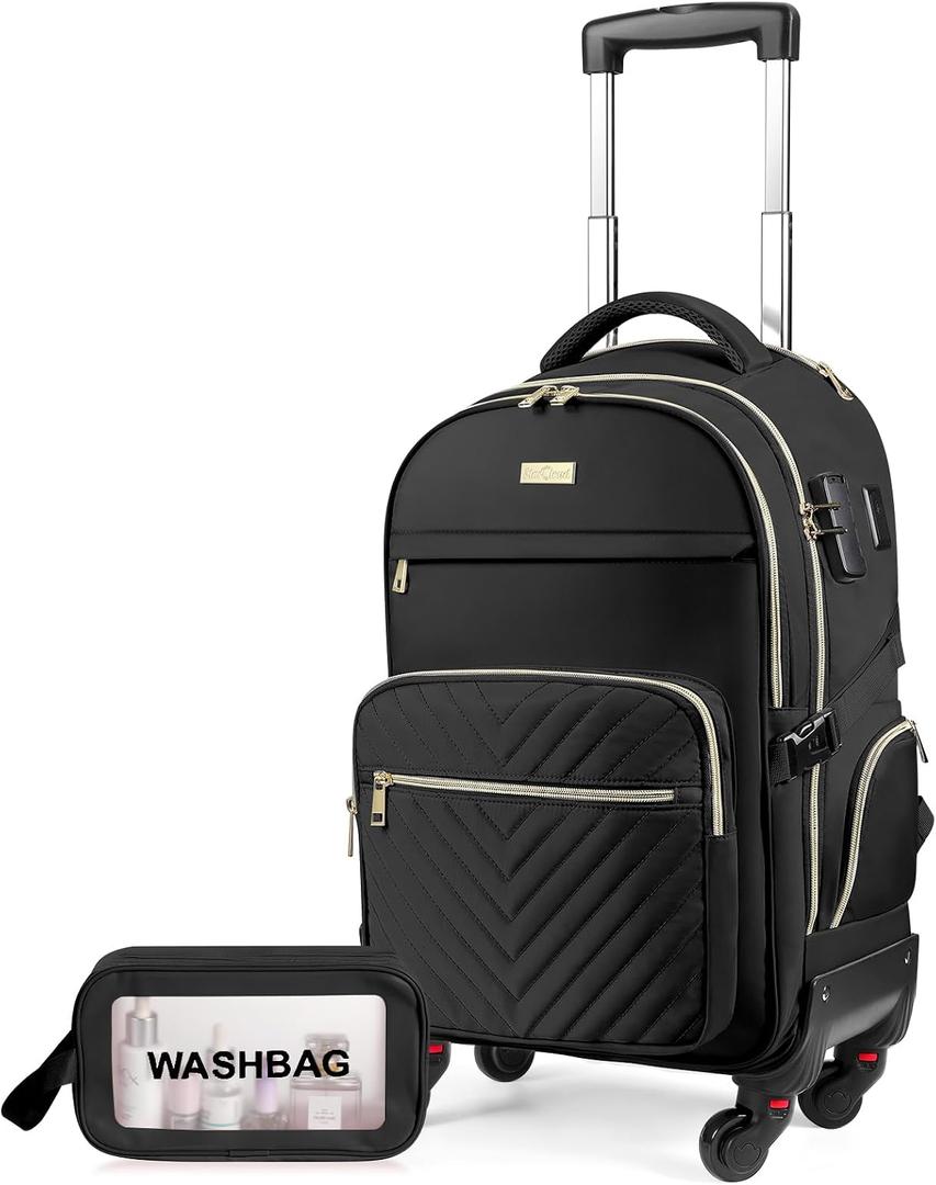 star cloud Rolling Backpack for Women, 21"x14"x9",45L Travel Backpack with Wheels and USB & Type-C Charging Ports, Fits 17.3", Water-Resistant Carry-On Luggage for Work & Travel (Black)