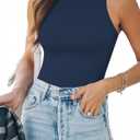 MANGOPOP Tank Top Body Suits Women Sexy Crew Neck Racerback Halter Ribbed Sleeveless Bodysuit for Women (Medium, D11 Sleeveless Navy Blue)
