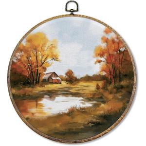 Sufamb Vintage Rustic Fall Round Wall Art Decor, Farmhouse Autumn Landscape Canvas Artwork Framed, Country Fall Wall Hanging Prints Decorations for Home Bedroom Living Room Decor, 10x10 Inches (lake)