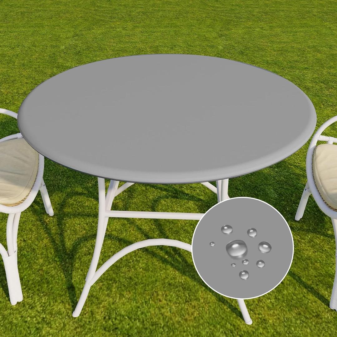 Romanstile Round Vinyl Tablecloth, 100% Waterproof Elastic Fitted Table Covers for 36"- 44" Tables, Wipeable Flannel Backed Plastic Table Cloths for Picnic, Camping, Outdoor - Light Grey (36"-44" Round Tight Fit)