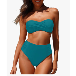 Tempt Me Women Bandeau Bikini Set Twist Strapless Two Piece Swimsuit High Waisted Bathing Suits, Large