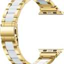 Wearlizer Compatible with Apple Watch Band 49/46/45/44/42mm Fashion Wristbands Womens, Stainless Steel+Resin Metal Replacement for iWatch Series 11 10 9 8 7 6 5 4 3 SE/Ultra 3 2 1-Gold+White