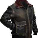 Mens G-1 Fur Collar US Navy Flight Distressed Brown Aviator Genuine Leather Jacket (Brown, M)