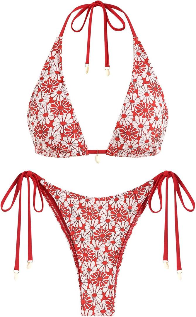ZAFUL Women's Triangle Bikini Multiway Fishnet Tie Side Bandeau Halter String Bikini Set Two Piece Swimsuit Bathing Suits (Medium, 6-floral Red)