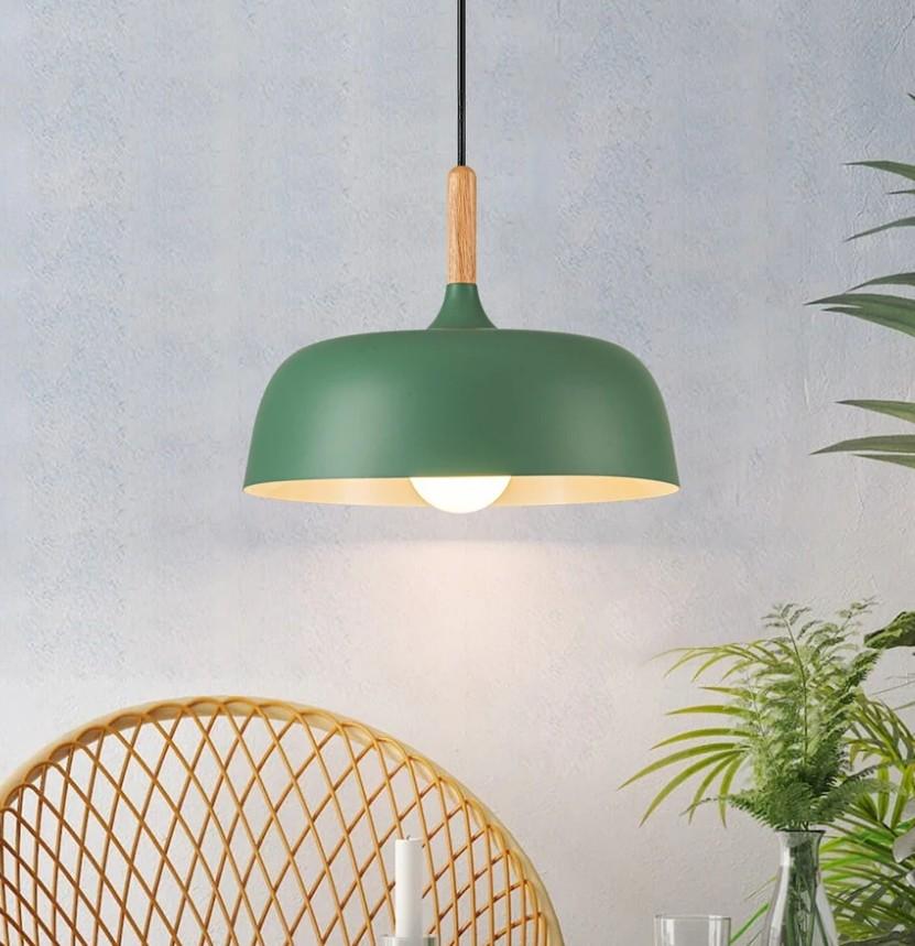 12.6" Farmhouse Metal Drum Pendant Lights,Dimmable Modern Hanging Light Fixture Pendant Lights Kitchen Island with Natural Wood Cap for Dining Room Living Room Bedroom,Green