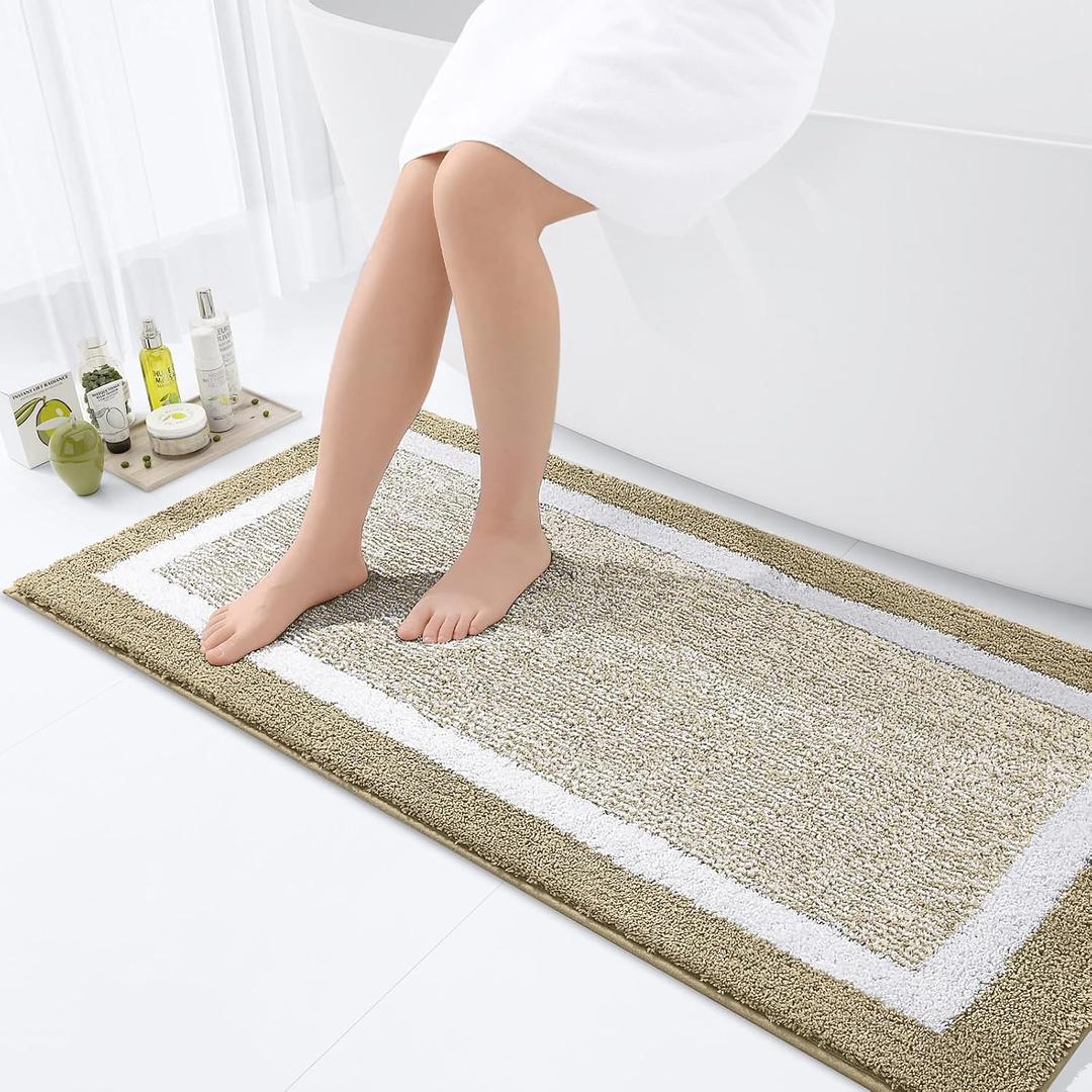 OLANLY Bathroom Runner Rugs 47x24, Extra Soft and Absorbent Microfiber Bath Rugs, Non-Slip, Machine Washable, Quick Dry Shaggy Bath Carpet, Long Bath Mats for Bathroom Floor, Tub, Shower, Beige