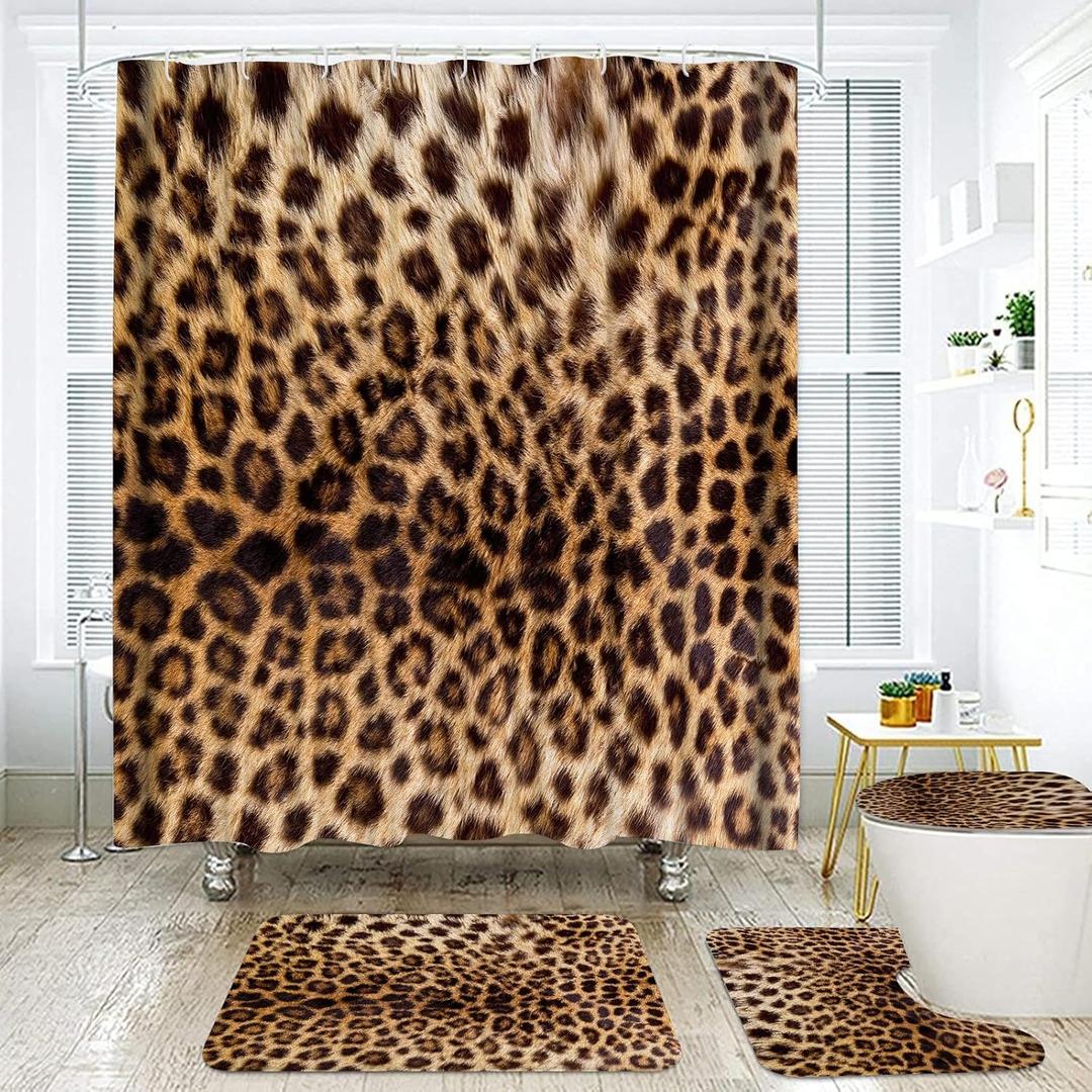 Onalasyc 4 Pcs Leopard Shower Curtain,Cheetah Print Bathroom Set Shower Curtain Sets with Rugs,Brown Animal Print Shower Curtain Bathroom Decor Sets,juego de baos de Set completo with 12 Pcs Hook