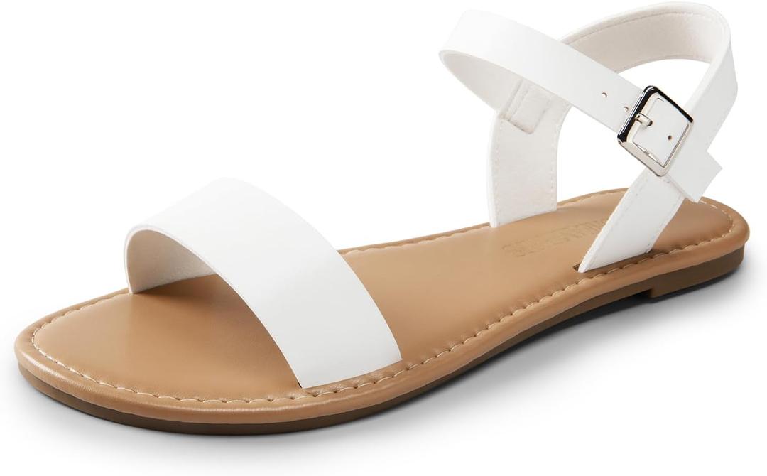 DREAM PAIRS Women's Ankle Strap Flat Sandals Open Toes One Band Buckle Summer Dressy Sandals (10, White-pu)