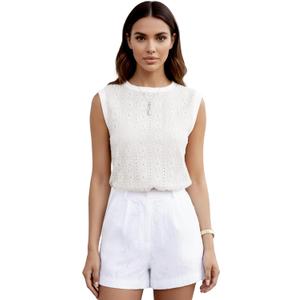 Women Eyelet Tank Tops Floral Casual Round Neck Sleeveless Summer Tops Trendy Basic Cute Plain Tanktops (Beige, S)