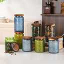 2 pack Decorative Mason Jars with Wooden Lids Colored Glass Kitchen Canister for Coffee Tea Cookie Airtight Vintage Food Storage Container with Embossed Floral Pattern (Blue Crabapple, Small)