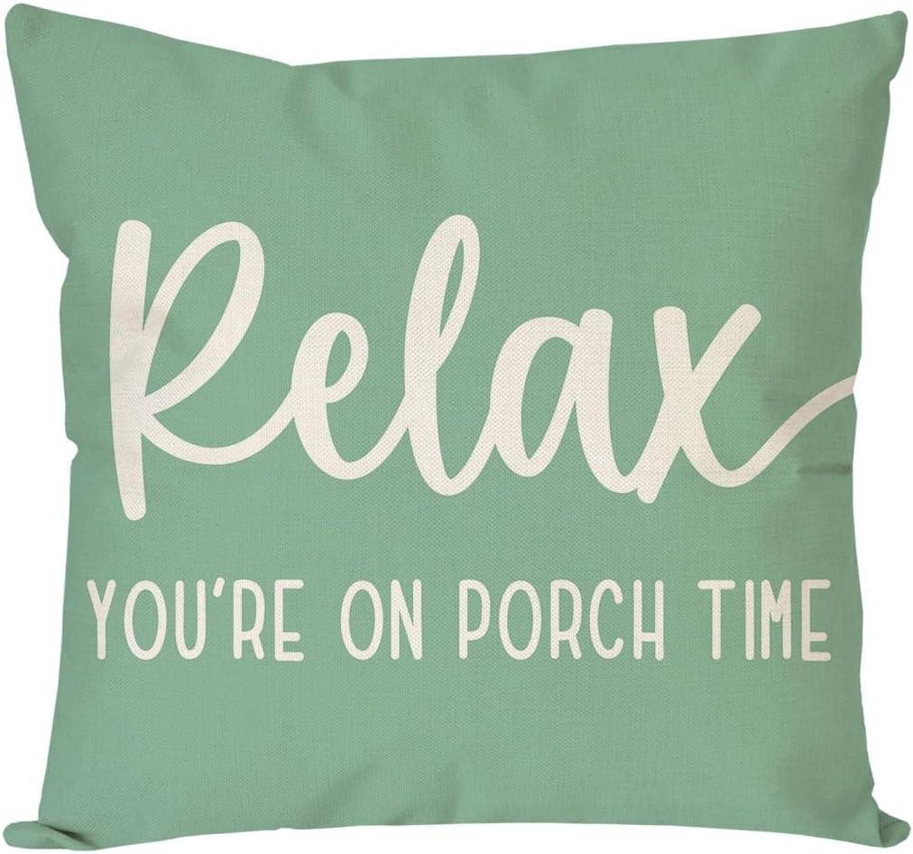 PANDICORN Eucalyptus Green Outdoor Decorative Throw Pillow Covers 18x18 Inch Relax Porch Time Rustic Farmhouse Throw Pillow Cases Decorations for Patio Sofa Couch Decor