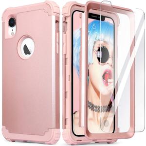IDweel for iPhone XR Case with Tempered Glass Screen Protector for Women, 3 in 1 Shockproof Slim Hybrid Heavy Duty Hard PC Cover Soft Silicone Bumper Full Body Case, Rose Gold IDweel for iPhone XR Case with Tempered Glass Screen Protector for Women, 3 in 1 Shockproof Slim Hybrid Heavy Duty Hard PC Cover Soft Silicone Bumper Full Body Case, Rose Gold