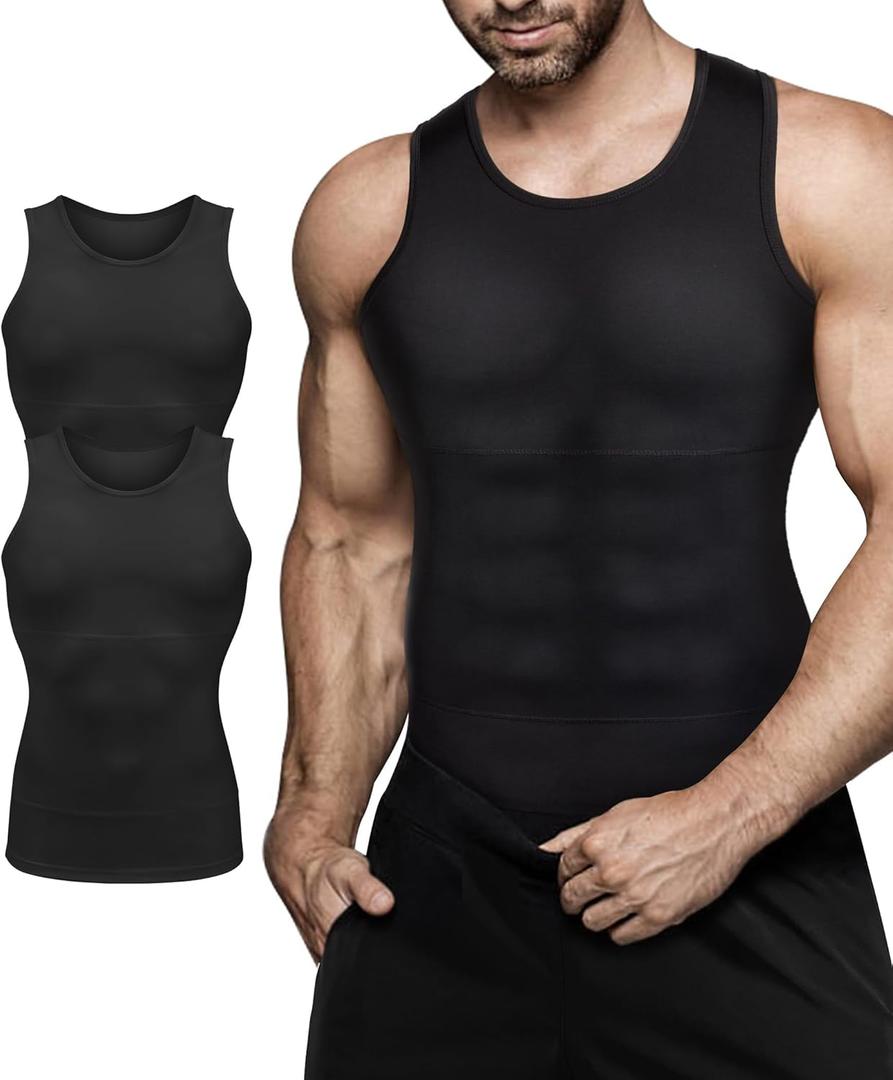 Mens Compression Shirt Slimming Body Shaper Vest Workout Tank Tops Abs Abdomen Undershirts (Large, Black+black)