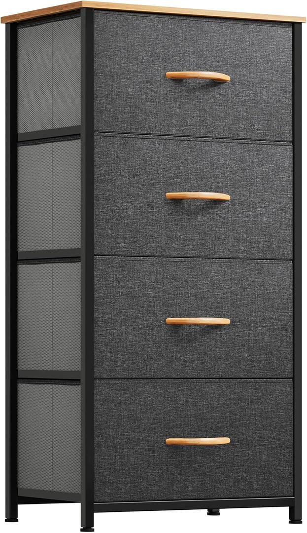 YITAHOME Dresser with 4 Drawers - Fabric Storage Tower, Organizer Unit for Bedroom, Living Room, Hallway, Closets - Sturdy Steel Frame, Wooden Top & Easy Pull Fabric Bins (Dark Grey)