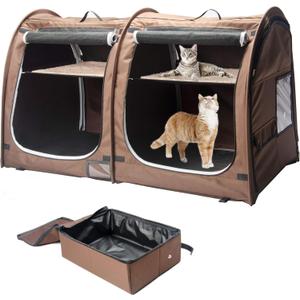 Mispace Portable Twin Compartment Show House Cat Cage/Condo - Easy to Fold & Carry Kennel - Comfy Puppy Home & Dog Travel Crate with Portable Carry Bag/Two Hammocks/Mats and Collapsible Litter Box (Brown)