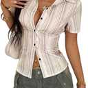 SweatyRocks Women's Striped Button Down Blouse Sexy Collar Short Sleeve Summer Shirt Tops (Medium)