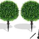Grooy Artificial Topiary Tree with Eucalyptus, Set of 2 Artificial Shrub Bushes with Ground Spike, Fake Evergreen Tree for Porch, Artificial Plants for Outdoor Planters Indoor UV Resistant