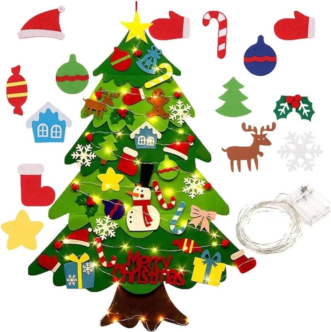 BOVVSKY Montessori Felt Christmas Tree, Felt Christmas Tree, Montessori Christmas Tree Felt with 32 Ornaments and LED Lights