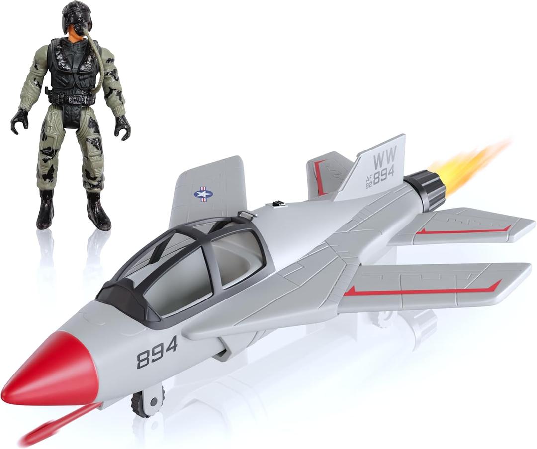 Lollipop United States Air Force Sky Raider Fighter Jet Toy Airplane with Pilot & Missile - Realistic Military Aircraft & Soldier Action Figure - Bomber Plane Model for Kids 3+