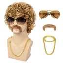 Mens Wigs, 70s Disco Wig for Men Short Curly Blonde Mixed Brown Synthetic hair Wigs for Halloween Costume Chrismas Cosplay Party (5 pieces set)