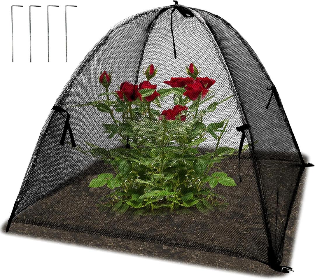 22"x22"x22" Plant Cover with 4 Stakes - Black Mesh Cloche for Garden & Potted Plants - Insect & Bird Netting for Vegetables, Seedlings on Raised Bed, Patio, Balcony