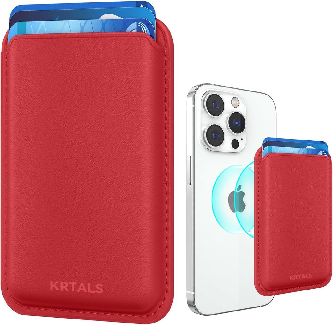 Magnetic Wallet Cell Phone Card Holder for Phone Case with Mag-Safe, Stronger Magnetic RFID Leather Phone Wallet Stick on Series of iPhone 17/16/15/14/13/12 and Pro/Promax,Red