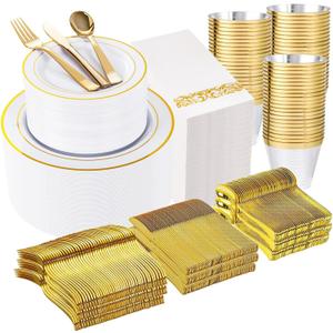 WELLIFE 700 Pieces Gold Plastic Dinnerware Set for 100 Guests - Includes Plates, Cups, Napkins, and Disposable Cutlery - Elegant White & Gold Design, Perfect for Parties and Events