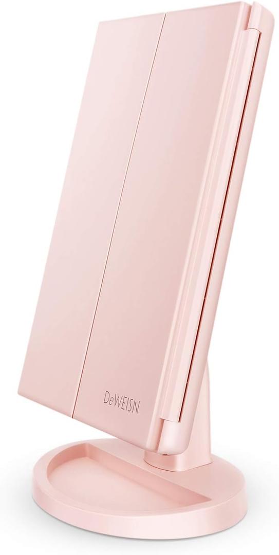 deweisn Tabletop Mount Tri-Fold Lighted Vanity Mirror with 21 LED Lights, Touch Screen and 3X/2X/1X Magnification, Two Power Supply Modes Make Up Mirror,Travel Mirror (Pink)