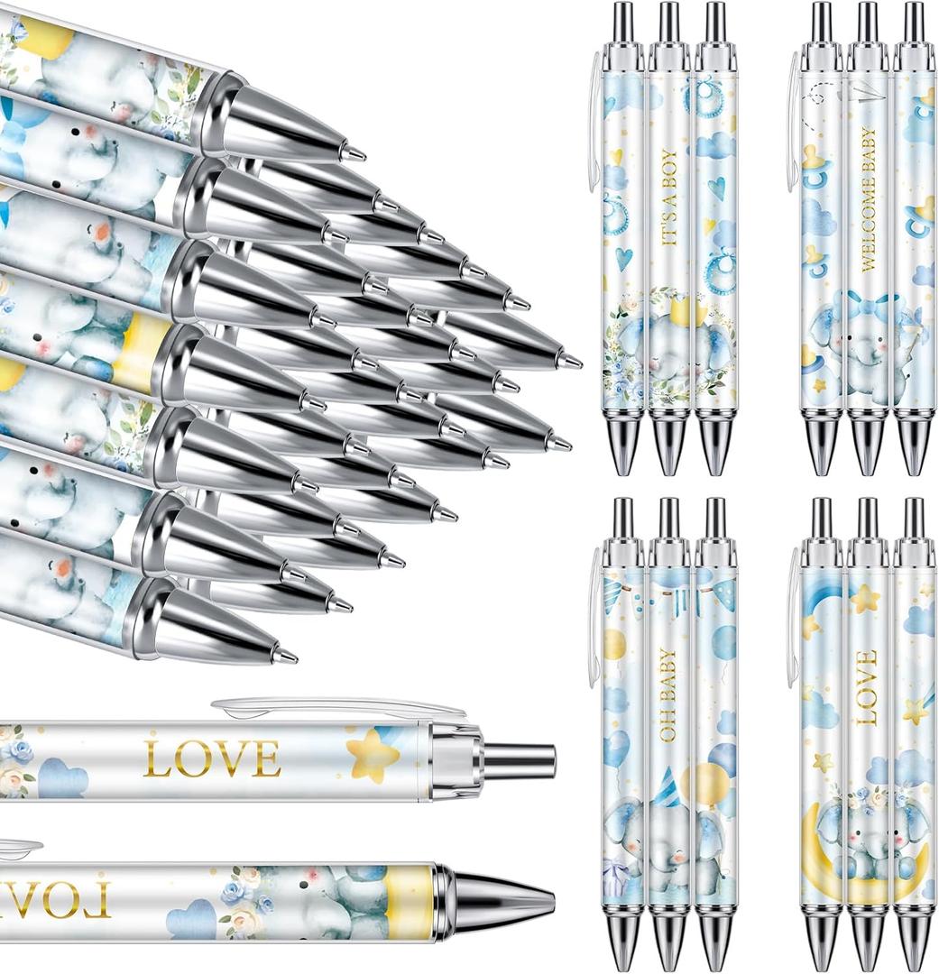 Chuangdi 24 Pcs Blue Elephant Baby Shower Ballpoint Pens Favors Bulk Retractable Ballpoint Pen Black Ink with Gifts for Guests School Supply