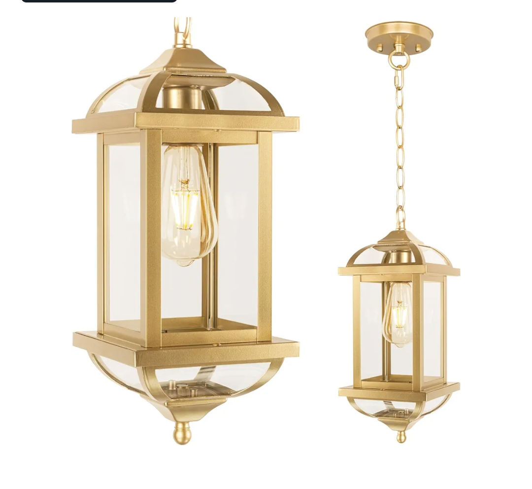 Gold Outdoor Pendant Light for Porch Fully Enclosed, 16 Inch Large Exterior Hanging Light Aluminum Made Anti-Corrosion Outside Ceiling Mount Lights Brass Chandelier Entry Light, E26