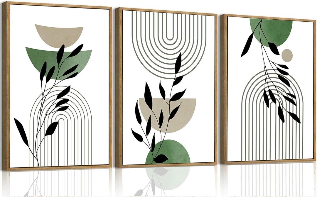 Bwodke Boho Wall Art, Framed Abstract Wall Art, Line Plants Leaf Canvas Wall Decor, Mid Century Sage Green Geometric Pictures Set of 3, Minimalist Paintings, for Bedroom Living Room Bathroom 16"x24"